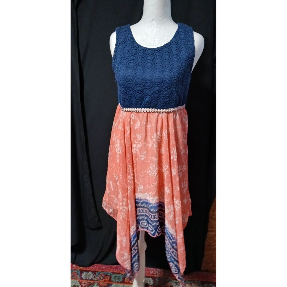LILT Girls Navy Blue Lace topSleeveless Chiffon Hanky Hem Aztec Border Dress 16